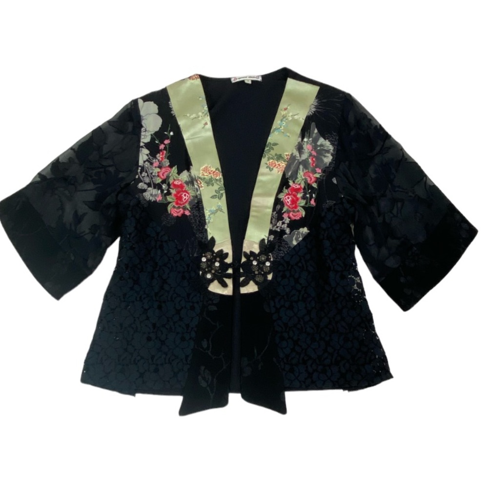 Spencer Alexis black Floral Lace Embroidered Sheer Jacket Top Size S